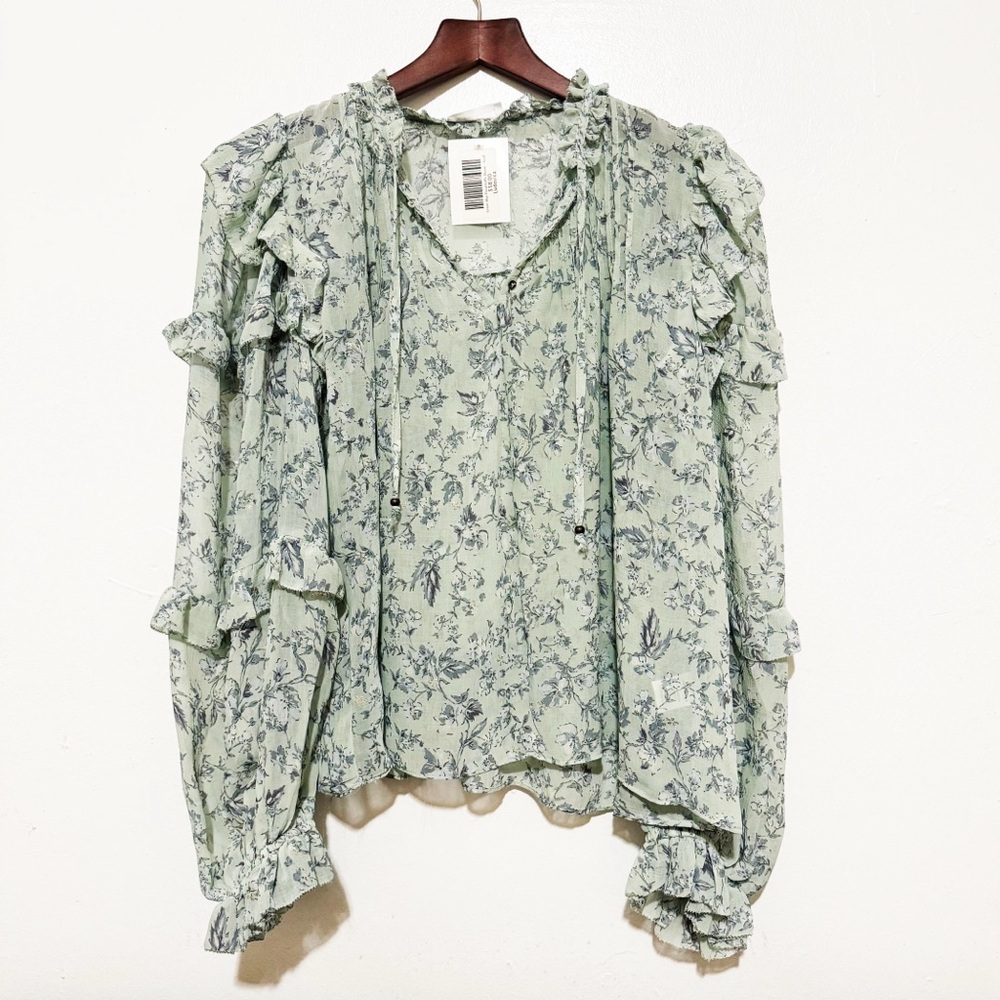 Ludovica Green Metallic Floral Print Split Neck Ruffle Bell Sleeve Blouse NWT S